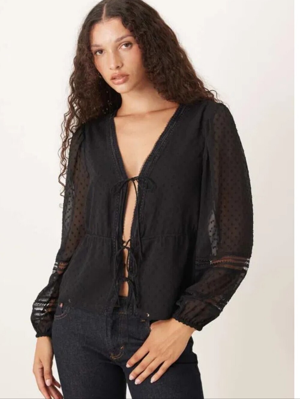 NWT Abercrombie & Fitch Black Swiss Dot Tie Front Sheer Sleeve Peplum Blouse Lg